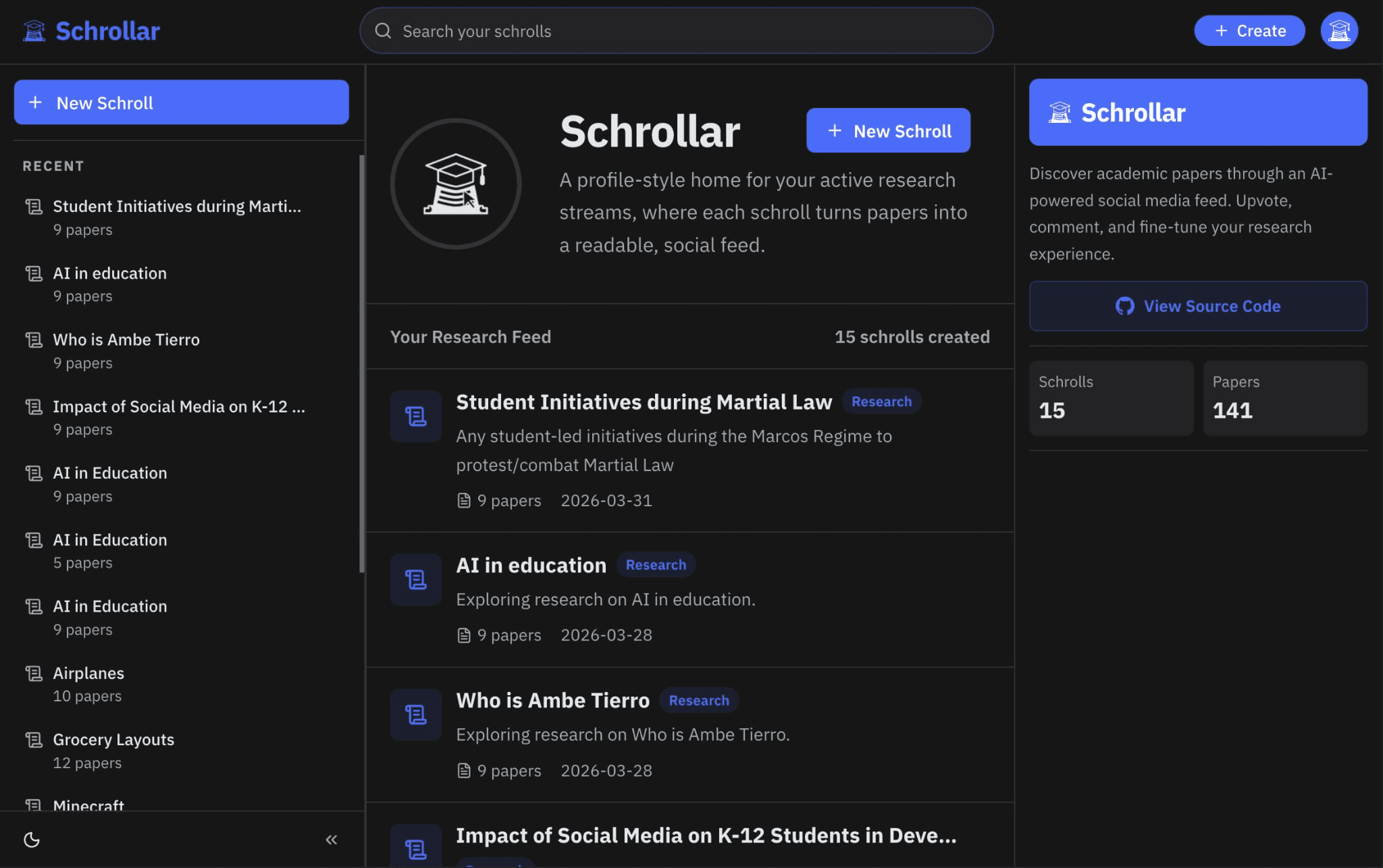 Schrollar's research feed: 15 schrolls over 141 papers, each entry grouping papers under one research question with its paper count and date.
